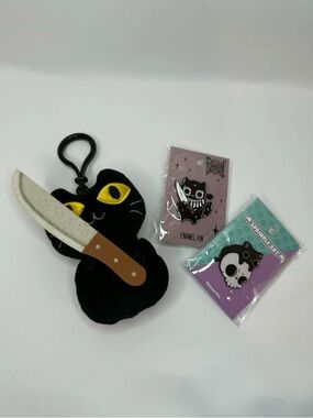 Hot Topic Black Cat Plush Keychain with Knife Accent and Gothic Enamel Pins